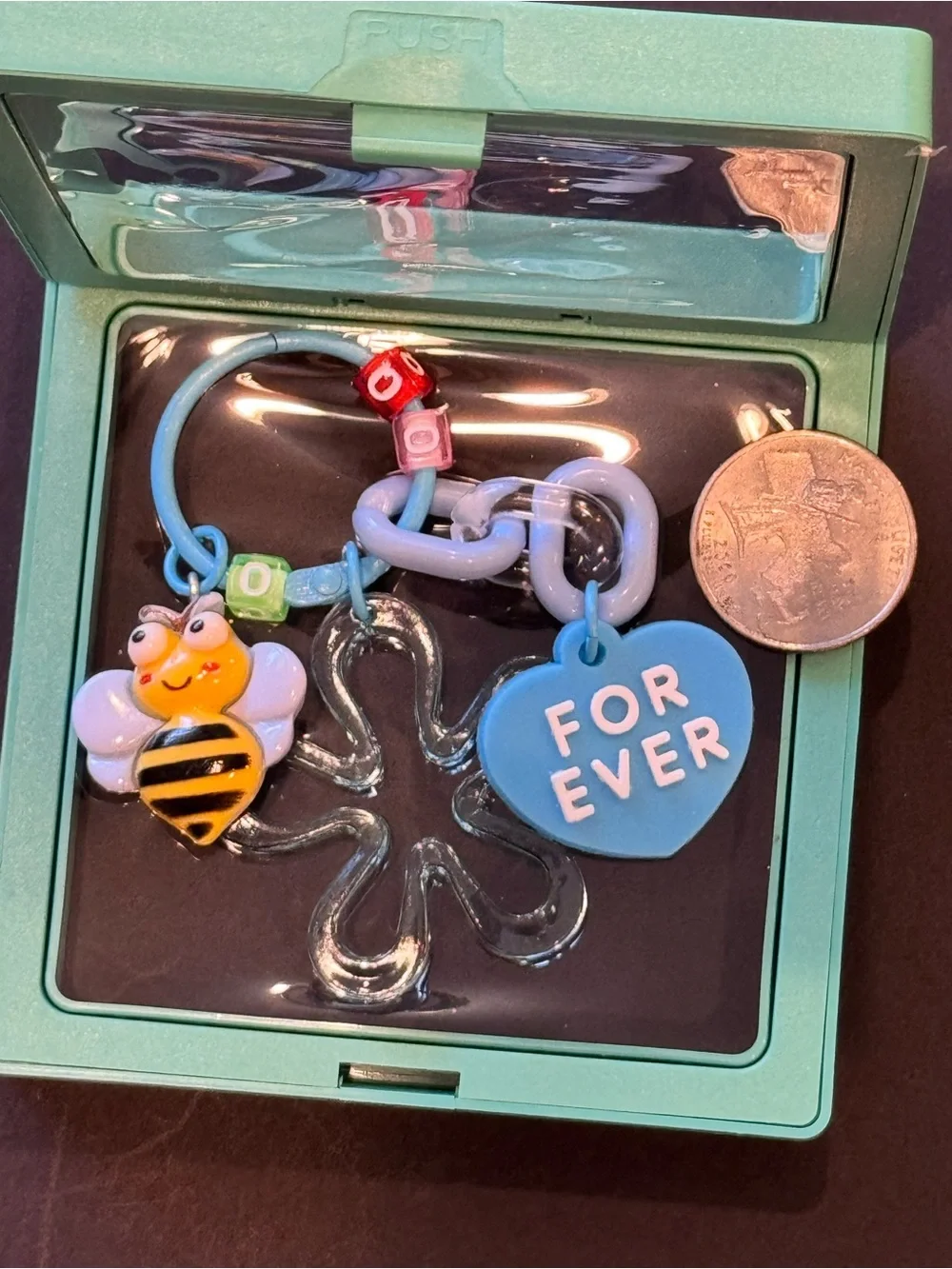 NWT Bee Heart Charm Keychain Blue Beaded Bag Clip in Shadow Box